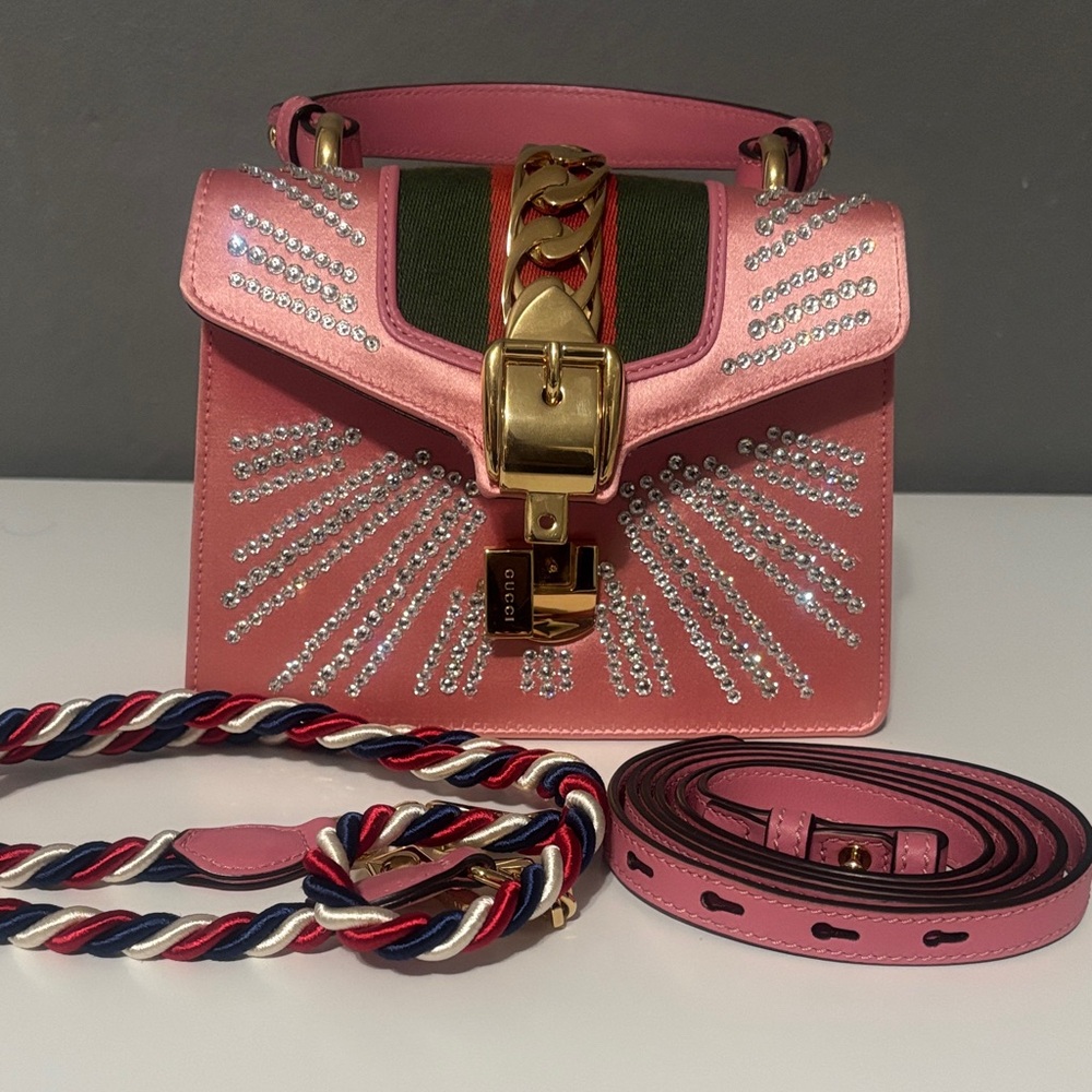 Gucci pink Satin Crystal Mini Sylvie Top Handle Bag - Picture 8 of 8